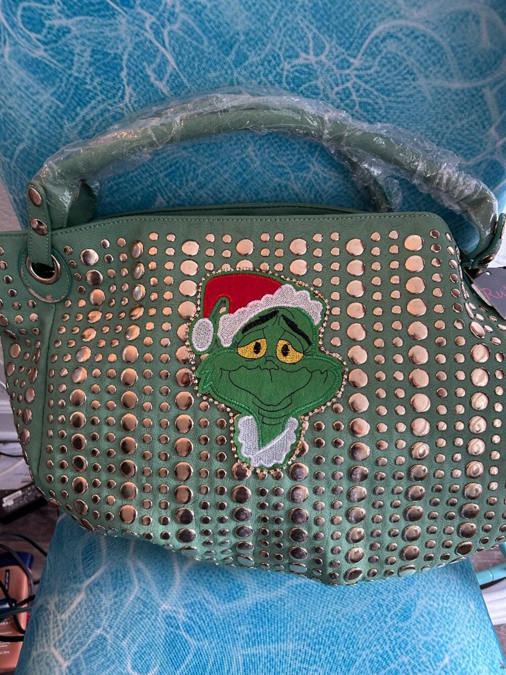 Large Grinch Green & Gold Studded Crossbody Purse 18x13 New